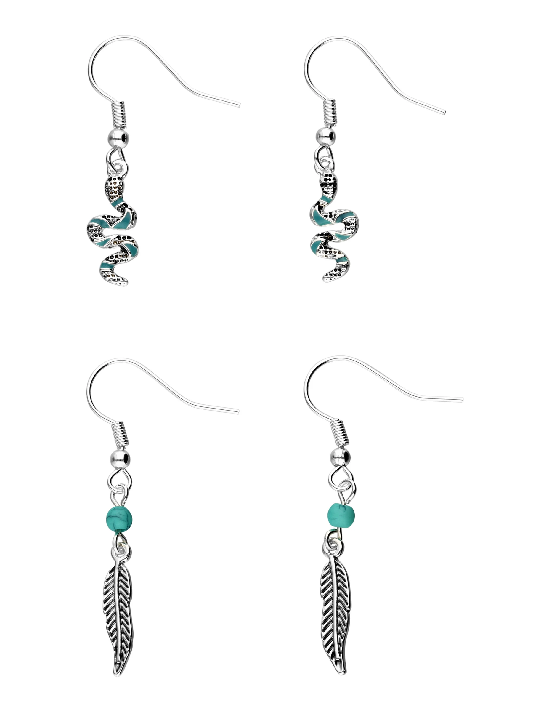 Accessories Silberfarbenes Ohrhänger-Set Im Boho Chic-Look, Feder-Motiv, Schlangen-Motiv